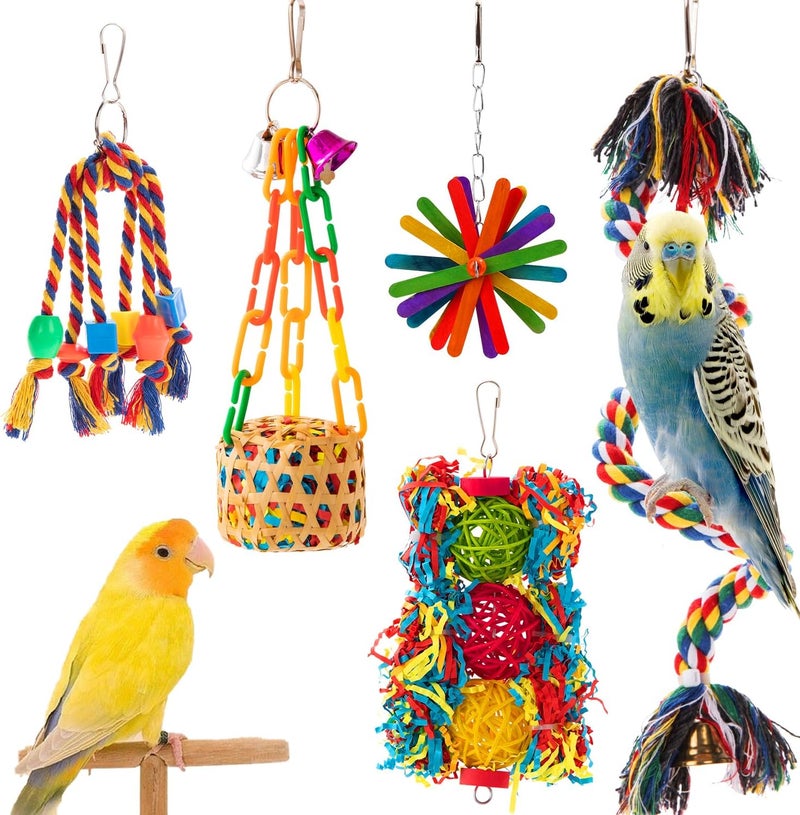 AFUOWER 5PCS Bird Toys Set for Parrots - Shredding Chewing Foraging Activity Toys Safe for Cockatiel Mynah Finch Lovebirds - Cage Enrichment Accessories - Image 1
